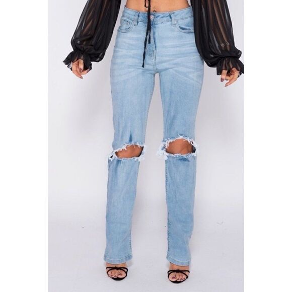 Blue High Waist Ripped Distressed Straight Leg Jeans Denim Pants Size 4 - Picture 1 of 14